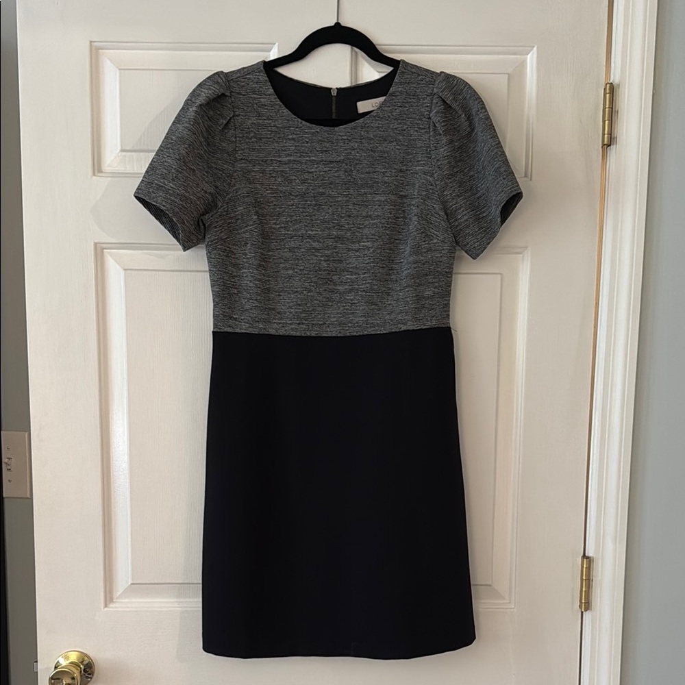 LOFT Gray and Black Puff Sleeve Sheath Dress